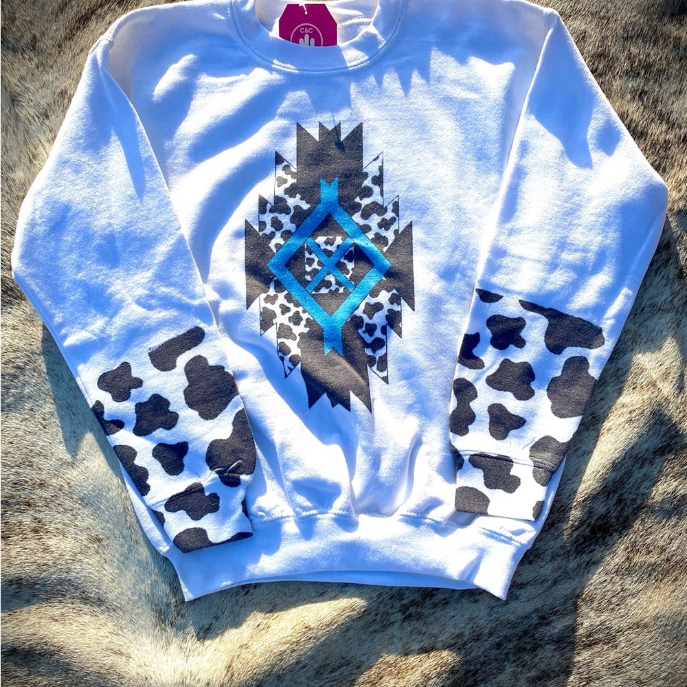 White Sweatshirt with Blue and Black Pendleton Pattern and Cow Print Sleeves